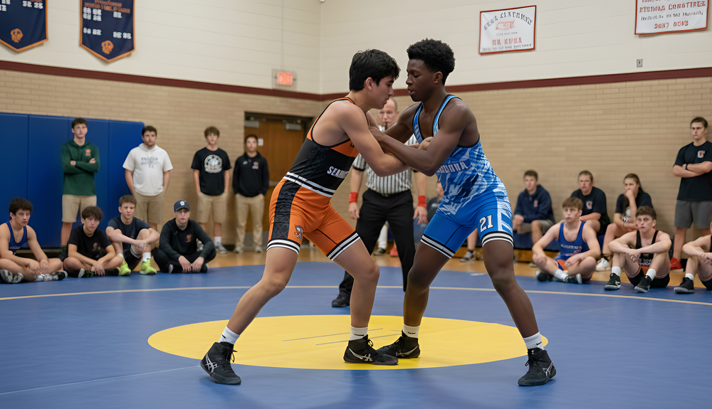 Professional wrestlers on wrestling ring wearing high quality custom wrestling uniforms. with teams colors.