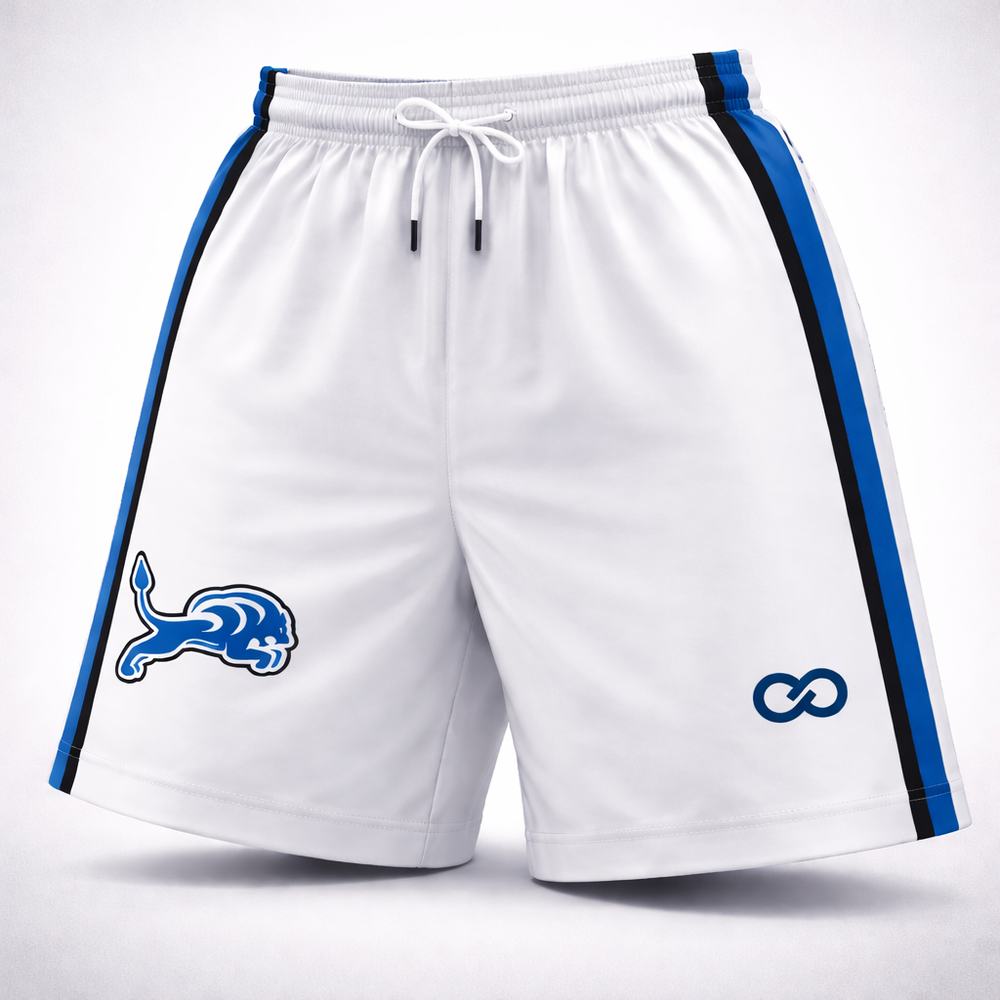 White custom flag football shorts with side stripes