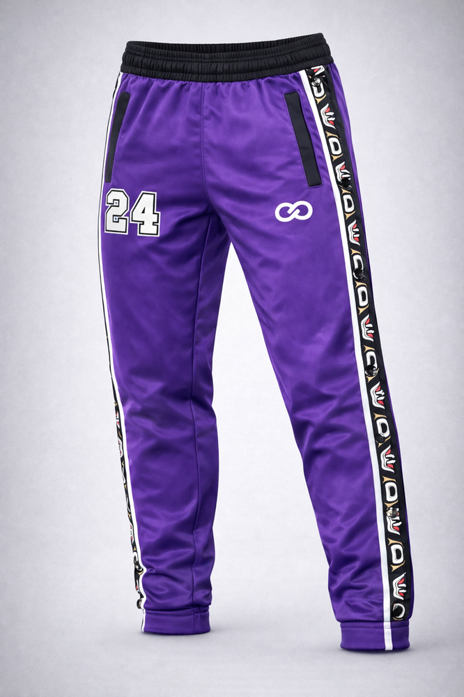 Custom tear away warmup pants purple snap side