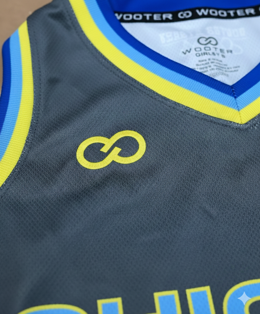 Close-up of jersey fabric with Wooter logo detail.