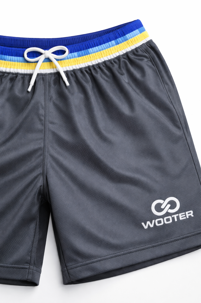 Custom basketball shorts with drawstring and Wooter logo.
