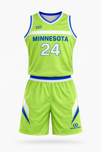 Green custom basketball uniform set with jersey and shorts.