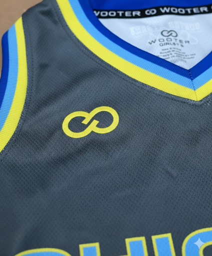 Close-up of jersey fabric with Wooter logo detail.