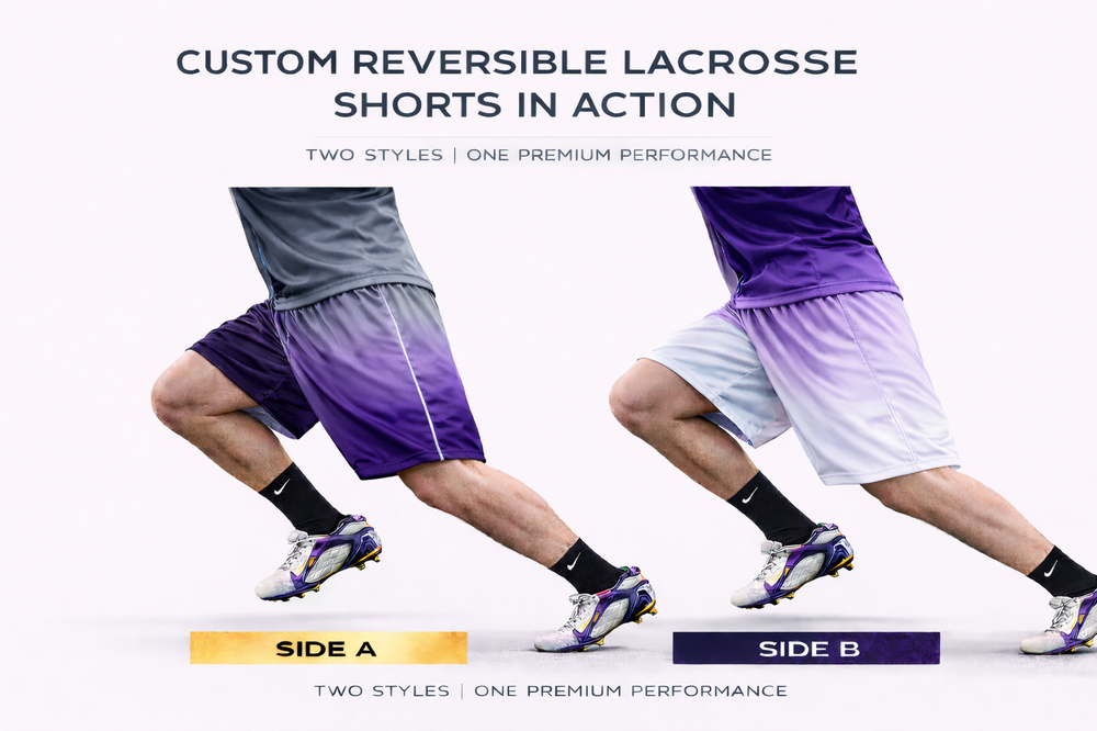 Custom reversible lacrosse shorts worn in lacrosse action