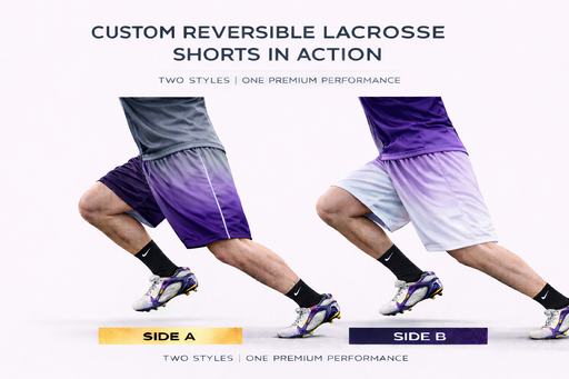 Custom reversible lacrosse shorts worn in lacrosse action