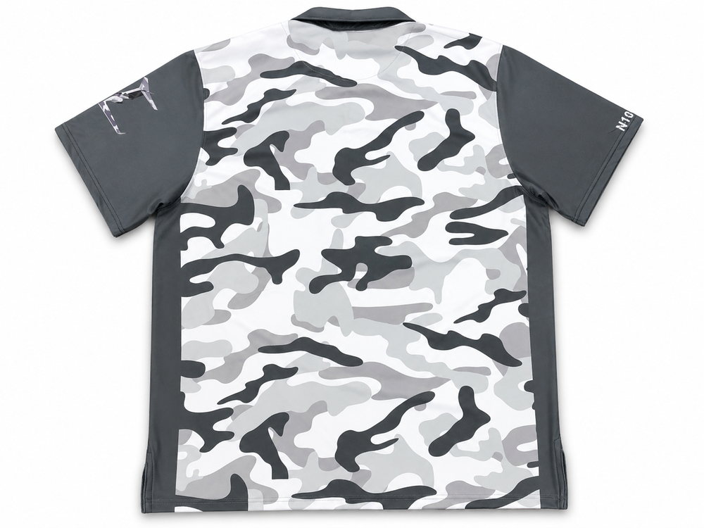 Gray camo sublimated polo shirt with set in sleeve design