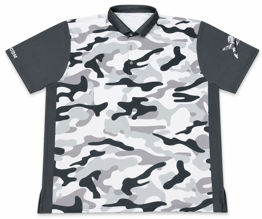 Back view of gray camo sublimated polo shirt design
