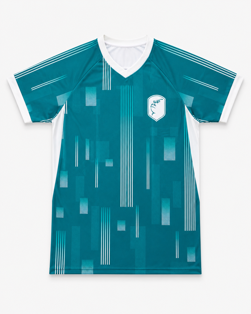 Teal custom raglan sleeve v-neck soccer jersey with white design