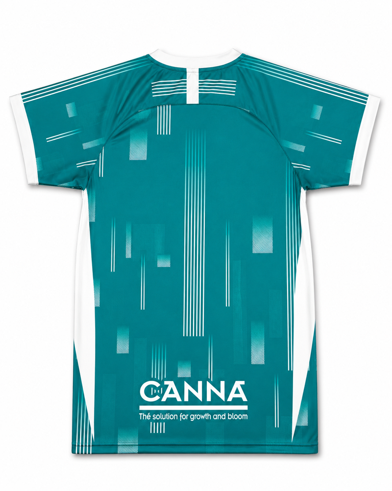 Back view of teal custom raglan sleeve v-neck soccer jersey