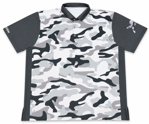 Back view of gray camo sublimated polo shirt design