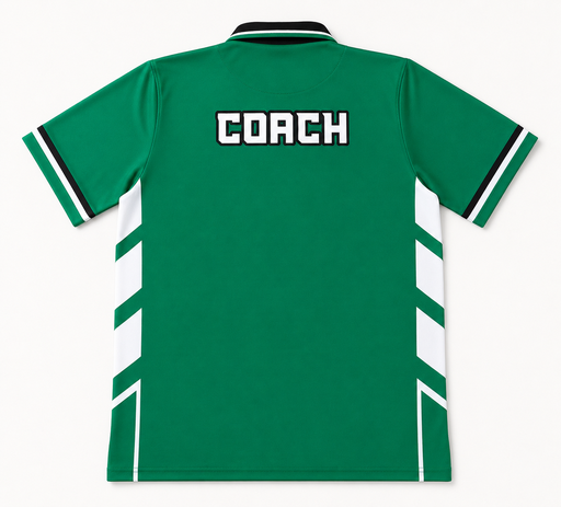 Back view of green sublimated polo shirt with coach name