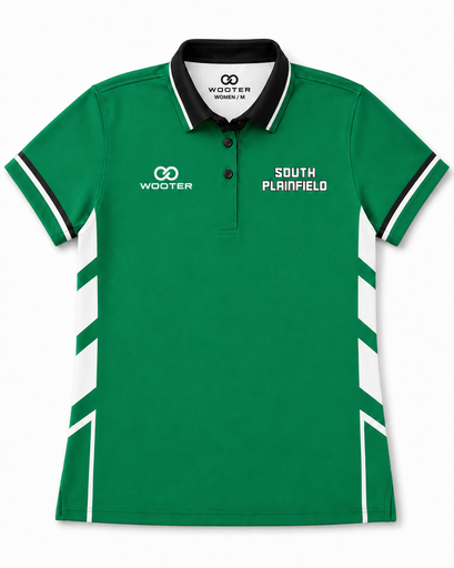Green sublimated polo shirt with set in sleeves and team logo