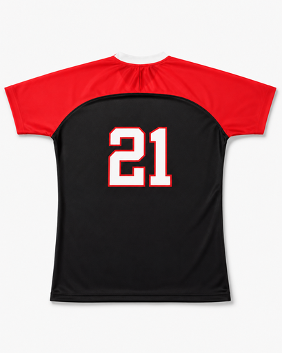 Back view of black and red custom raglan sleeve soccer jersey