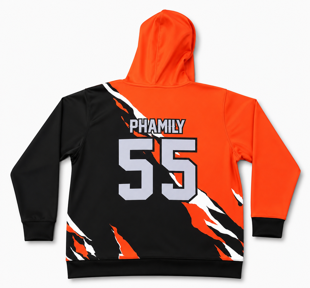 Black and orange custom hoodie back view