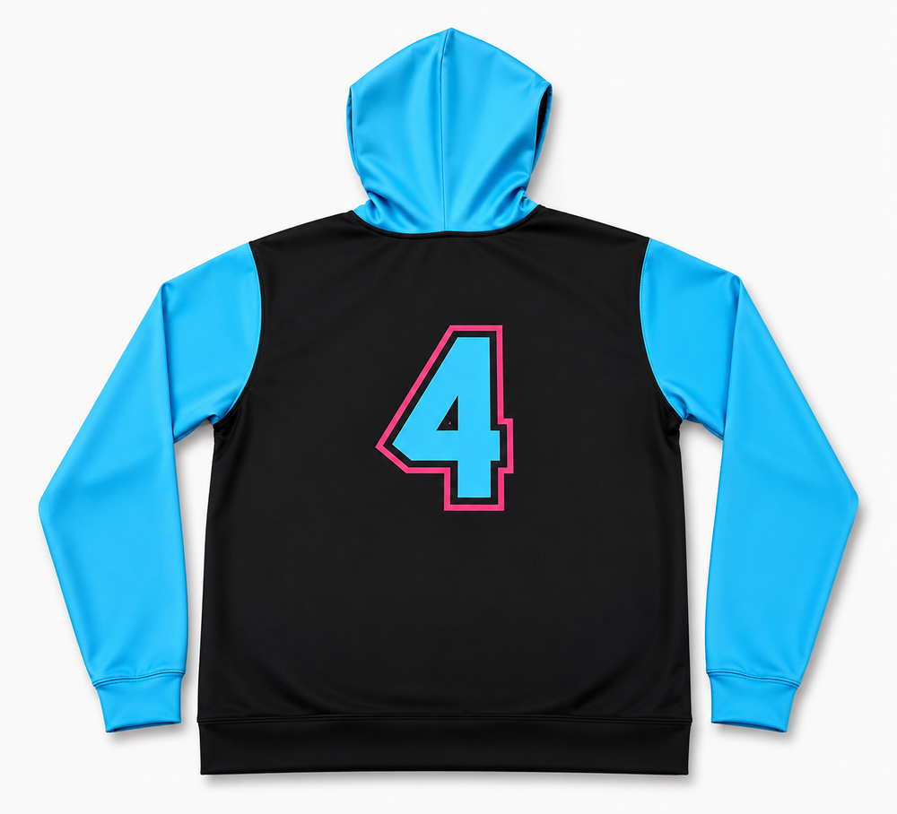 Blue and black custom baseball hoodie back view