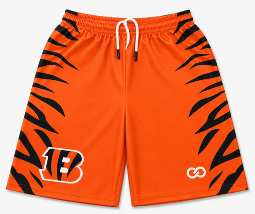 Orange and black striped custom flag football shorts