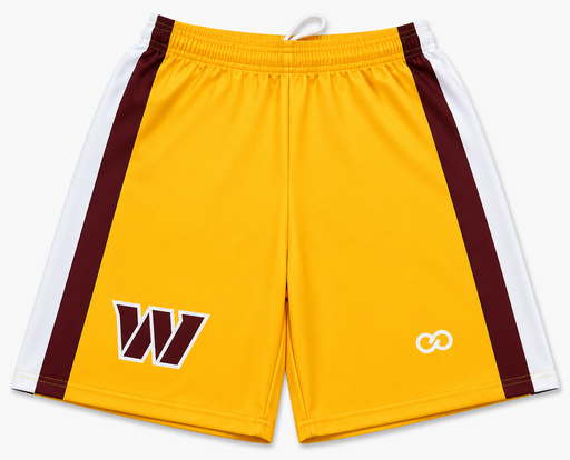 Yellow custom flag football shorts with purple and white design