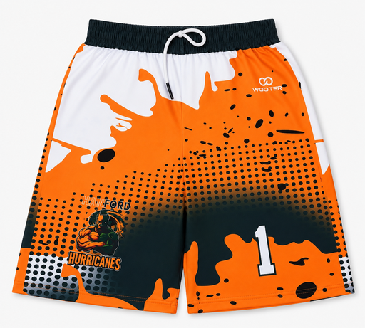 Orange and black custom flag football shorts
