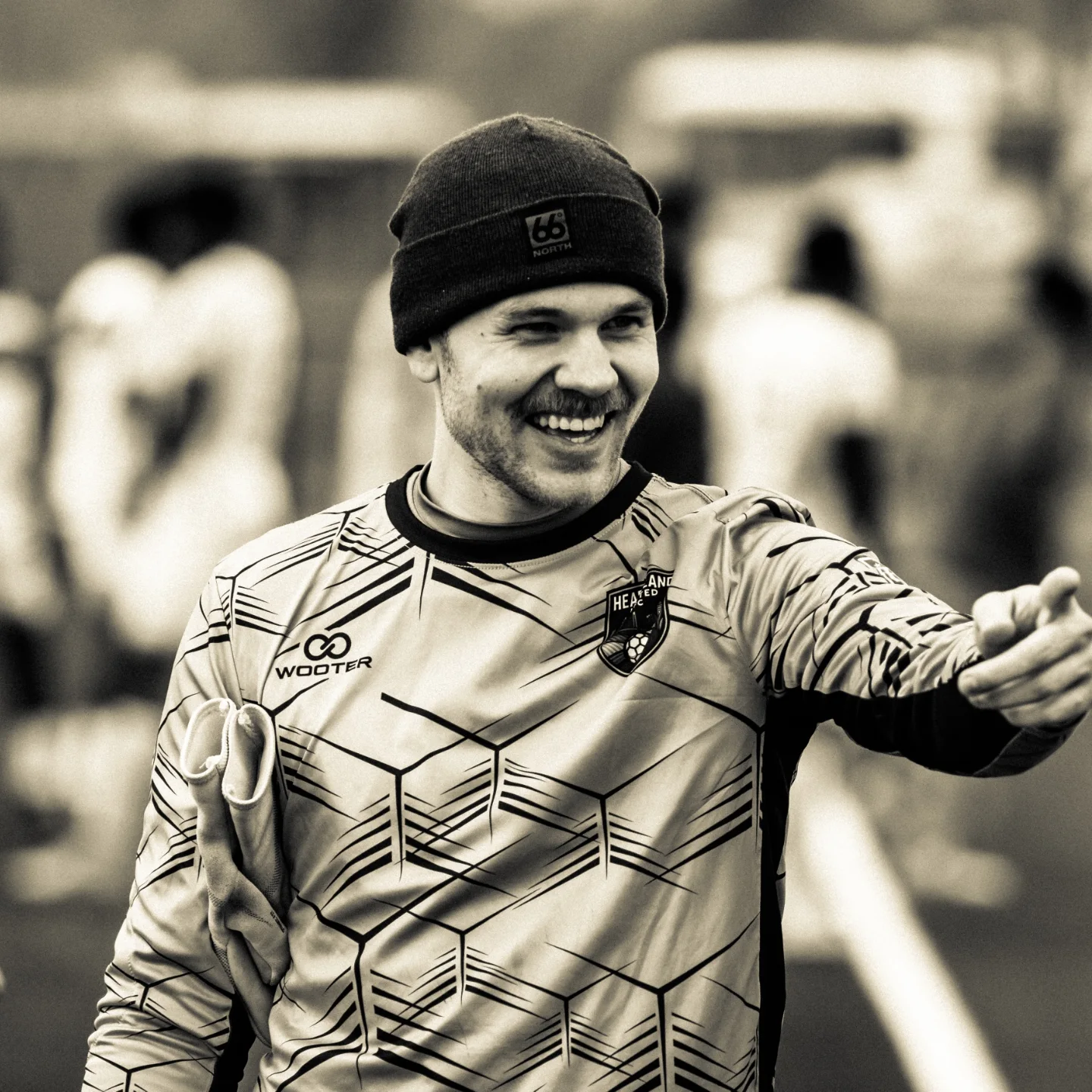 Close-up of goalkeeper wearing custom crew neck goalie soccer jersey
