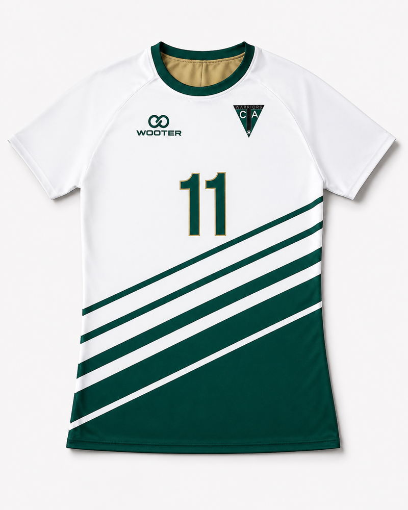 White custom reversible raglan sleeve crew neck soccer jersey with team logo
