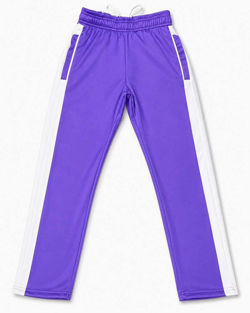 Purple custom warmup pants with tapered athletic fit