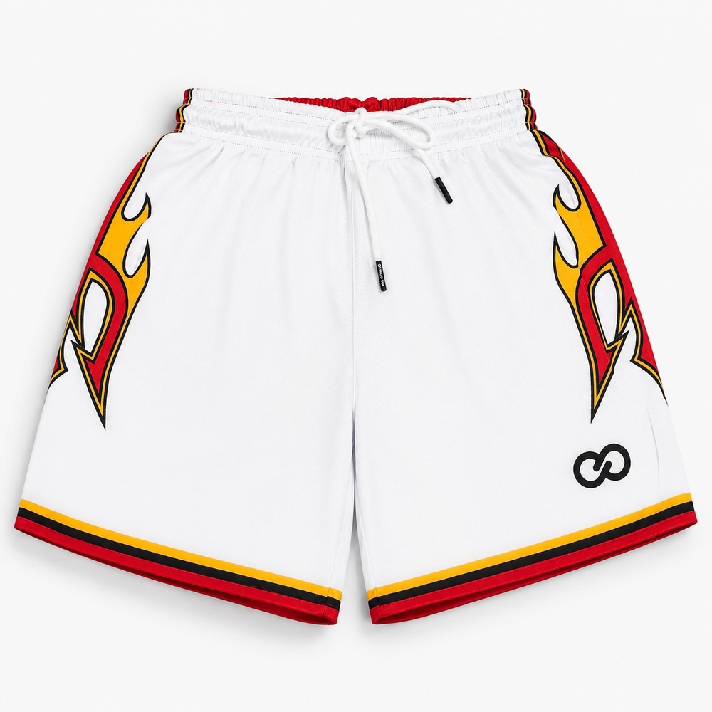 White custom reversible soccer shorts with red flame side design