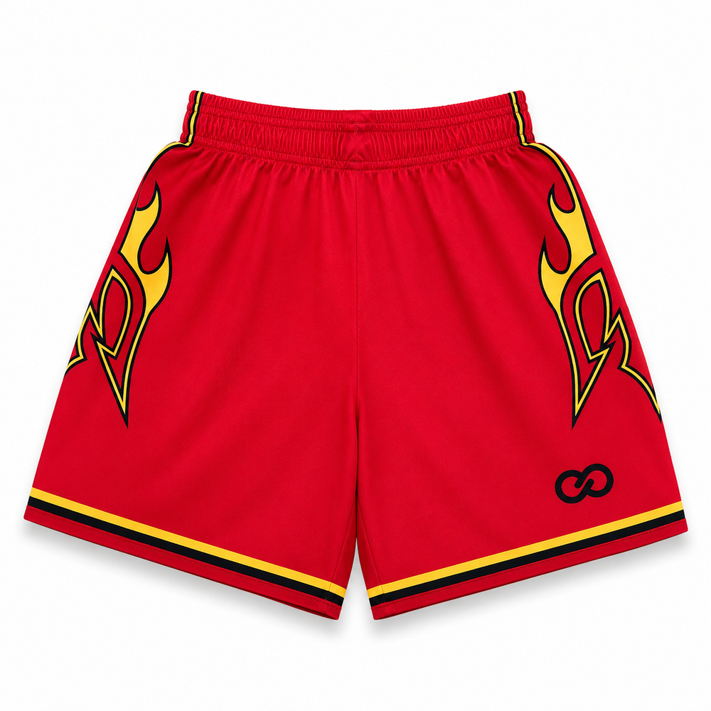 Red custom reversible soccer shorts with flame side graphics