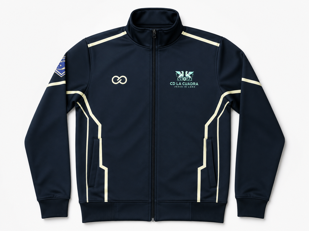 Black soccer warmup jacket with white stripe design