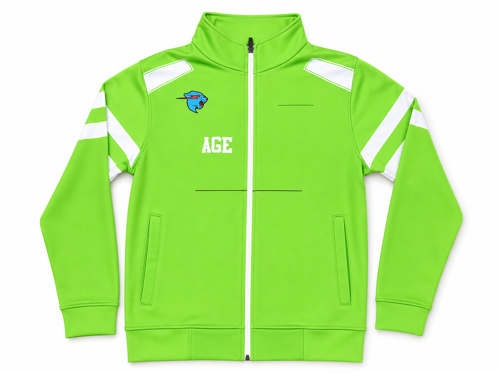 Bright green soccer warmup jacket with white sleeve accents
