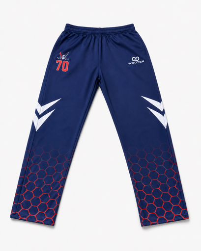 Navy custom warmup pants with white and red side graphics