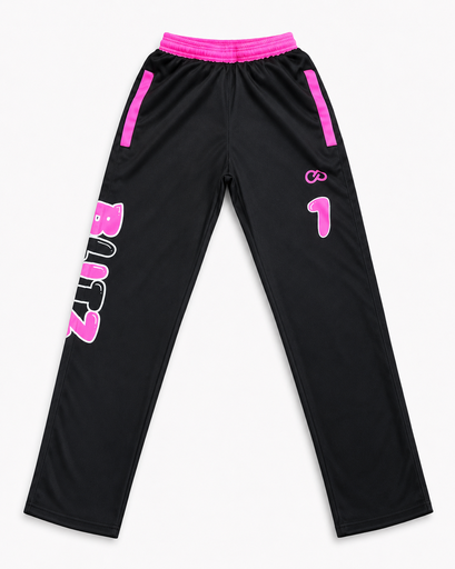 Black custom warmup pants with pink side design