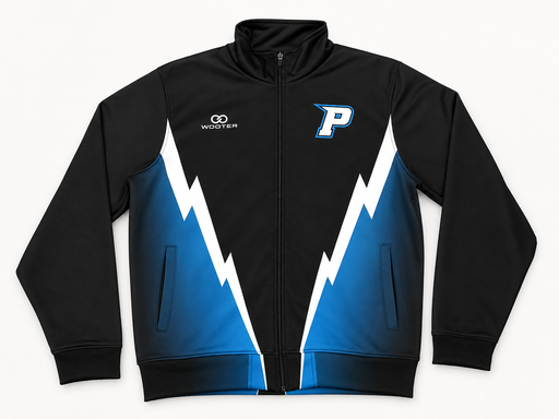 Black soccer warmup jacket with blue side graphics