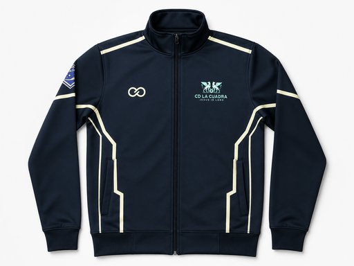 Black soccer warmup jacket with white stripe design