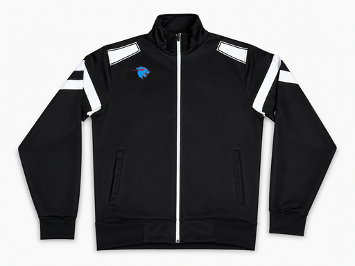 Black soccer warmup jacket with white piping design