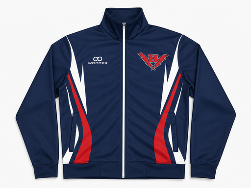 Navy soccer warmup jacket with red and white side panels