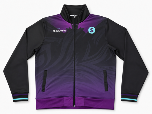 Black and purple soccer warmup jacket with custom team design