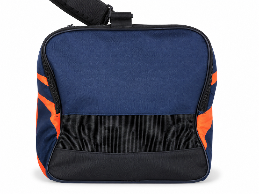 Side view of navy custom baseball duffle bag with shoulder strap