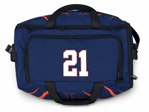 Custom baseball duffle bag with player number 21 on side pocket