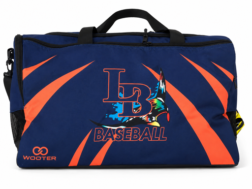 Navy custom baseball duffle bag with orange team design