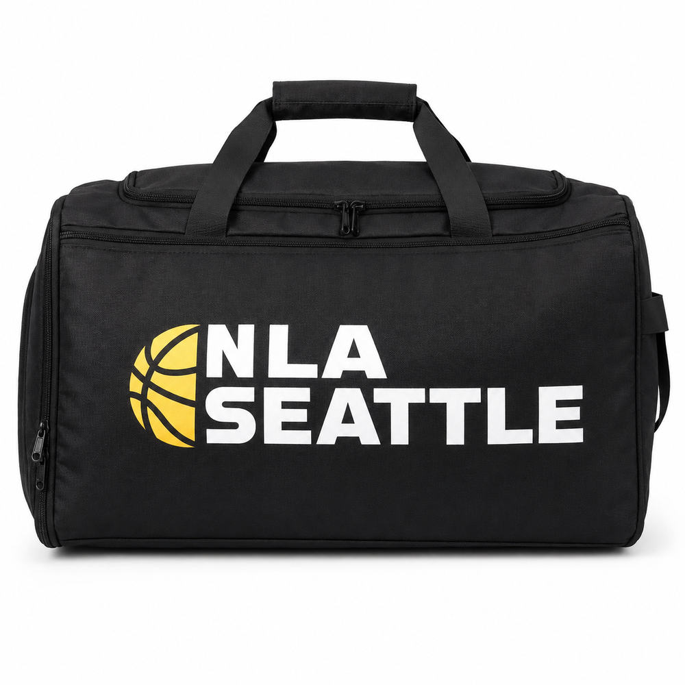 Black custom basketball duffle bag with NLA Seattle team logo