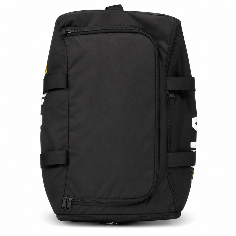 Side view of black custom basketball duffle bag with carry straps