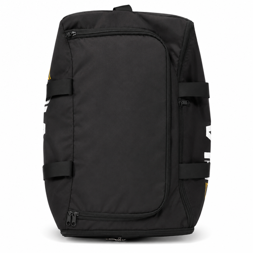 Side view of black custom basketball duffle bag with carry straps