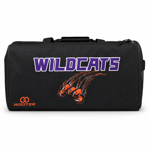 Black custom basketball duffle bag with purple and orange team design