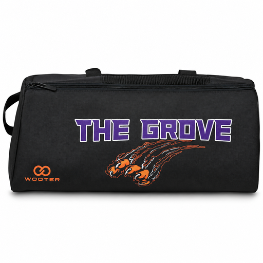Black custom basketball duffle bag with purple team text