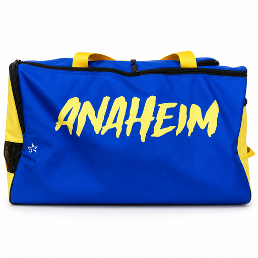 Blue and yellow custom basketball duffle bag with team name