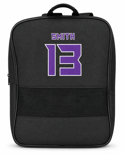 Front view of black custom basketball duffle bag with player number