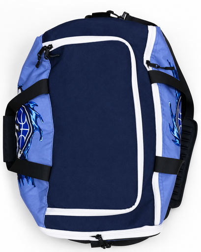 Side view of blue custom basketball duffle bag with shoulder strap