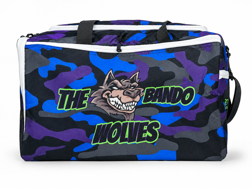 Blue custom football duffle bag with bold team graphic design