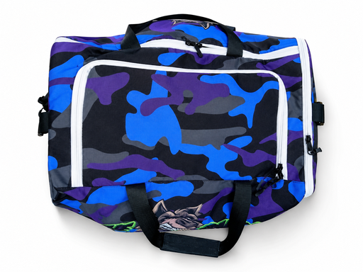 Top view of blue custom football duffle bag with team artwork