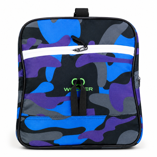 Side view of blue custom football duffle bag with shoulder strap